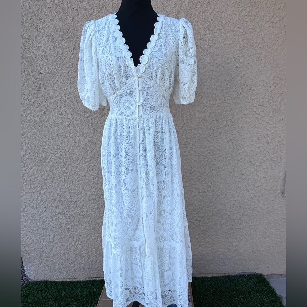 Blu Pepper White Lace Maxi Dress Short Sleeve NWT Women’s Size L Bohemian - Picture 12 of 16